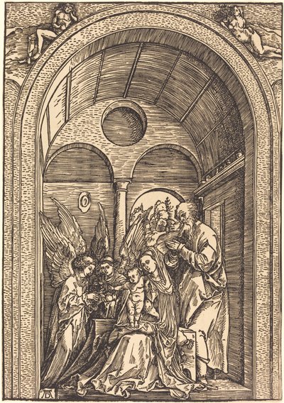 Die Heilige Familie mit zwei Engeln in einer gewölbten Halle von Albrecht Dürer