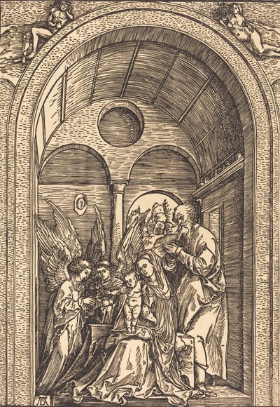 Die Heilige Familie mit zwei Engeln in einer gewölbten Halle, ca. 1504 von Albrecht Dürer