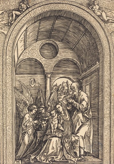Die Heilige Familie mit zwei Engeln in einer gewölbten Halle, ca. 1504 von Albrecht Dürer