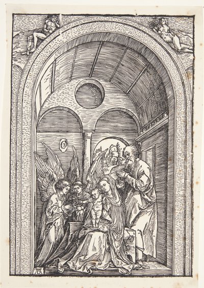 Die Heilige Familie mit zwei Engeln in einer gewölbten Halle von Albrecht Dürer