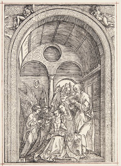 Die Heilige Familie mit zwei Engeln in einer gewölbten Halle von Albrecht Dürer