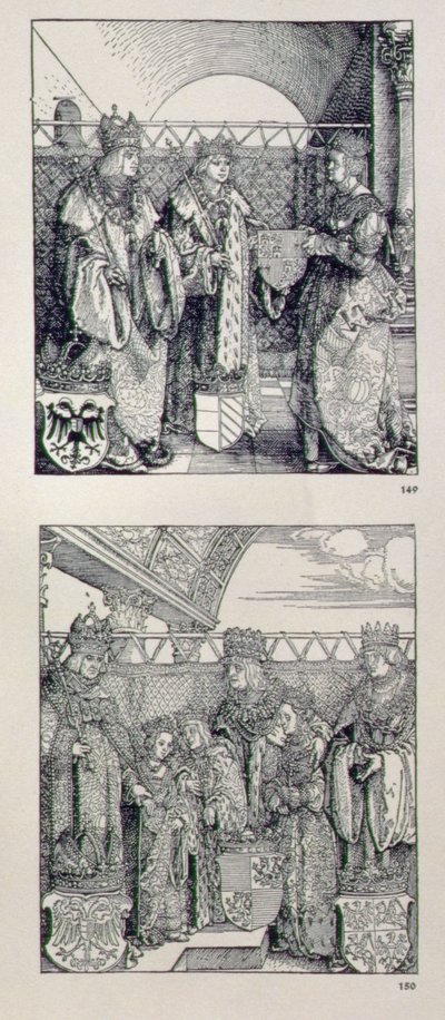 Der Triumphbogen von Kaiser Maximilian I. (1459-1519): Detail, das zwei Tafeln über dem linken Portal zeigt, die Ereignisse im Leben von Kaiser Maximilian darstellen, veröffentlicht 1517-28 von Albrecht Dürer