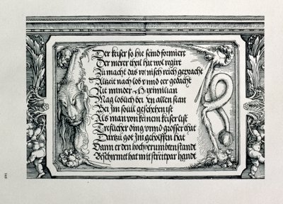 Der Triumphbogen von Kaiser Maximilian I. von Deutschland: Detail eines Löwenfells mit einer Inschrift, die die Familienverbindungen des Kaisers lobt, 1517-18 von Albrecht Dürer