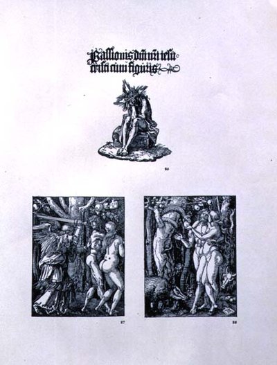 Drei Seiten aus der Kleinen Passion Serie: (oben) Titelseite mit Christus als Schmerzensmann und einer lateinischen Inschrift; (links) Die Vertreibung aus dem Paradies; (rechts) Adam und Eva, veröffentlicht 1511 von Albrecht Dürer