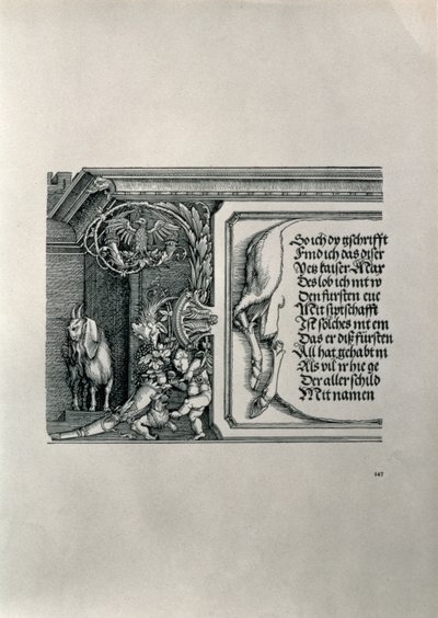 Der Triumphbogen von Kaiser Maximilian I. von Deutschland: Detail eines Hirschfells mit einer Inschrift, die die Familienverbindungen des Kaisers lobt, mit einem Schlappohr-Ziegenbock, Symbol für scharfes Gehör von Albrecht Dürer
