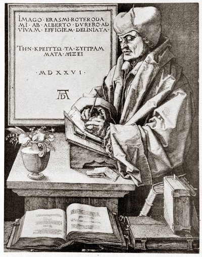 Erasmus beim Schreiben - Gravur von Albrecht Dürer, reproduziert Anfang des 20. Jahrhunderts. von Albrecht Dürer