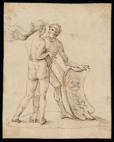 Nackte Frau und Mann mit dem Schild mit dem Wappen von Willibald Pirckheimer von Albrecht Dürer