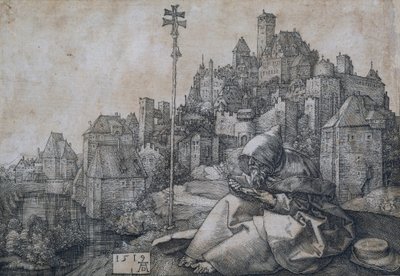 Der heilige Antonius sitzt vor einer Stadt von Albrecht Dürer