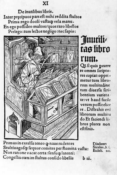 Gelehrter in seinem Büro. Er trägt eine Brille. Xylographie von Dürer, das Narrenschiff von Sebastiano Brandt von Albrecht Dürer