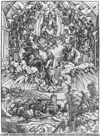 Szene aus der Apokalypse, St. Johannes vor Gott dem Vater und den vierundzwanzig Ältesten, deutsche Ausgabe von Albrecht Dürer