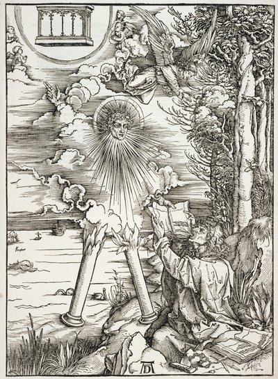 Szene aus der Apokalypse, St. Johannes verschlingt das Buch, lateinische Ausgabe von Albrecht Dürer