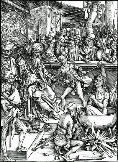 Der heilige Johannes der Evangelist wird in einem Kessel mit kochendem Öl gefoltert, aus der 