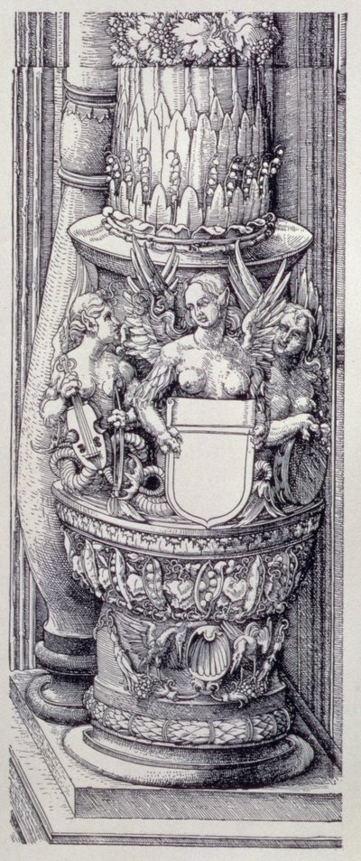Der Triumphbogen von Kaiser Maximilian I. von Deutschland (1459-1519): Detail der zentralen Tore der Ehre und Macht, linke Säulenbasis verziert mit Bändern aus Laub und geflügelten weiblichen Greifen, datiert 1515, veröffentlicht 1517/18 (Holzschnitt) von Albrecht Dürer