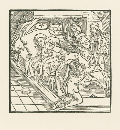Die edle Dame, die ihre Hunde so gut fütterte, aber die Armen verhungern ließ, wird nach ihrem Tod von den Hunden geleckt, bis sie schwarz wie Kohle wird von Albrecht Dürer or Duerer
