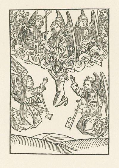Die sieben Engel mit einem Kreuz und den sechs Schlüsseln, mit denen sie den Himmel zu den sechs Werken der Barmherzigkeit öffneten, empfangen eine Seele im Himmel von Albrecht Dürer or Duerer