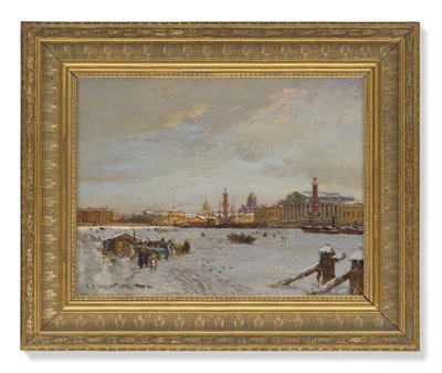 Blick über die gefrorene Newa, die Rostra-Säulen, die Isaakskathedrale und die Admiralität, St. Petersburg von Aleksandr Karlovich Beggrov