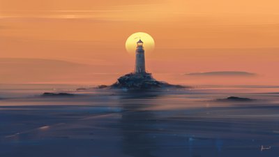 Goldener Leuchtturm Sonnenuntergang von Alena Aenami