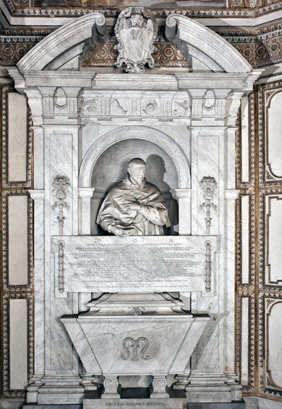 Grabdenkmal zu Ehren von Kardinal Giovanni Garcia Mellini mit Porträtbüste. Marmorskulptur von Alessandro Algardi (1598-1654) um 1630, Rom, Basilika Santa Maria del Popolo, Cappella Mellini von Alessandro Algardi