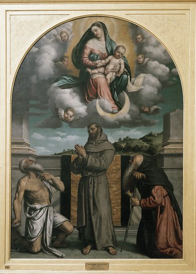 Jungfrau und Kind in Herrlichkeit, mit dem heiligen Hieronymus, dem heiligen Franziskus von Assisi und dem heiligen Antonius von Alessandro Bonvicino Moretto