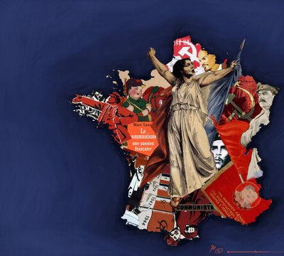 Eine Mariana vor einem Hintergrund aus kommunistischem Collage. Allegorie des Kommunismus in Frankreich. 2010 Farbdarstellung von Alessandro Lonati von Alessandro Lonati