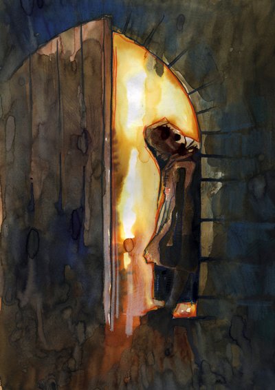 Ein Mönch in einem Spukschloss. Illustration von Alessandro Lonati von Alessandro Lonati
