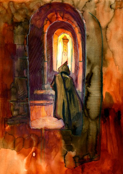 Ein Mönch in einem Spukschloss. Illustration von Alessandro Lonati von Alessandro Lonati