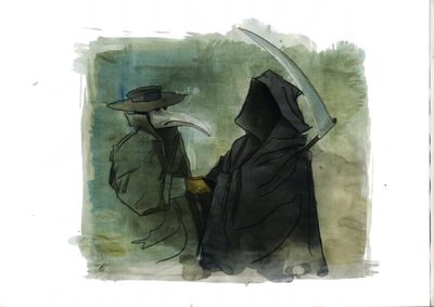 Ein Pestdoktor mit einer schnabelartigen Maske, die mit aromatischen Gegenständen gefüllt ist, vor dem Tod, der ihre Falschheit hält von Alessandro Lonati