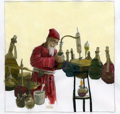 Alchemist in seinem Labor umgeben von Fläschchen und Destillierkolben Illustration von Alessandro Lonati von Alessandro Lonati