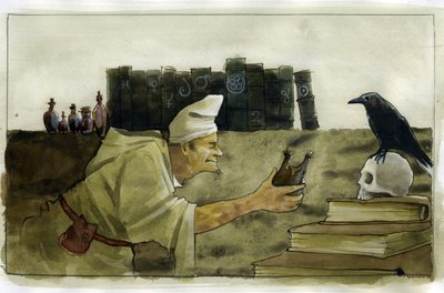 Alchemist in seinem Labor mit einem Raben, einem Schädel. von Alessandro Lonati
