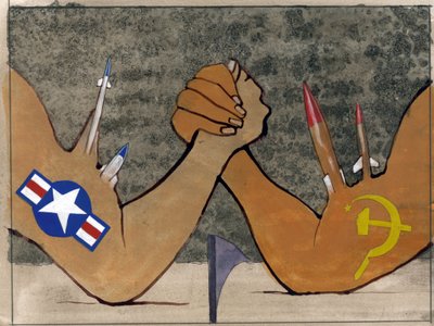 Allegorische Darstellung des Kalten Krieges als Armdrücken zwischen den Streitkräften Amerikas und der Sowjetunion - Illustration von Alessandro Lonati von Alessandro Lonati