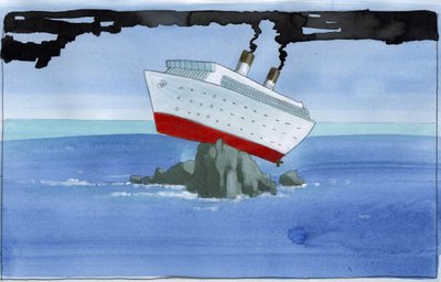 Ökologie: Noas Arche als verschmutztes Kreuzfahrtschiff auf einem Riff gestrandet von Alessandro Lonati
