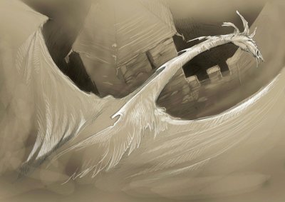 Fantastisches Wesen: ein Drache fliegt über einen Burgturm. Zeichnung von Alessandro Lonati von Alessandro Lonati