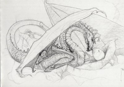 Fantastische Kreatur: ein Drache, der sein Ei beschützt. von Alessandro Lonati