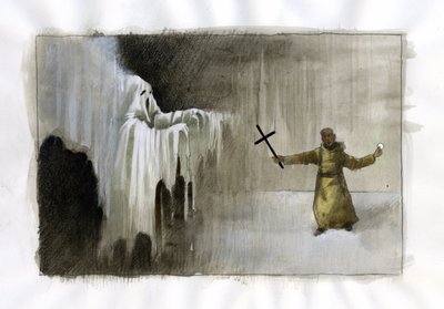 Kampf zwischen einem Mönch mit einem Kruzifix und einem Geist - Illustration von Alessandro Lonati von Alessandro Lonati