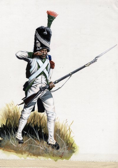 Erstes Kaiserreich (1804-1814 und 1815): Velitesoldat der großen napoleonischen Armee in Italien öffnet eine Patrone Zeichnung von Alessandro Lonati von Alessandro Lonati