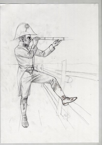 Erstes Kaiserreich (1804-1814 und 1815): Oberer Soldat der großen französischen napoleonischen Armee in Beobachtung mit einem Fernrohr. Unvollendete Zeichnung von Alessandro Lonati von Alessandro Lonati