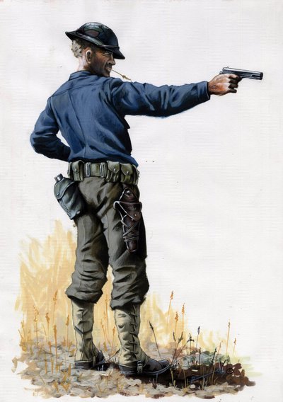 Erster Weltkrieg 1914-1918: Amerikanischer Armeeinfanterist mit einer Pistole im Jahr 1917 an der Westfront. von Alessandro Lonati