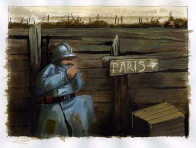 Erster Weltkrieg: ein französischer Soldat in der Nähe eines Schildes, das nach Paris weist von Alessandro Lonati