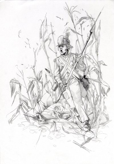 Soldat der napoleonischen Armee, Infanterist stürmt durch ein Maisfeld mit einem verwundeten Kameraden von Alessandro Lonati