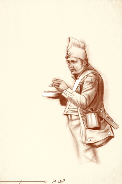Erstes Kaiserreich: Leichtinfanteriesoldat während einer Mahlzeit während einer Kampagne von Napoleon I. (wahrscheinlich in Russland) Anfang des 19. Jahrhunderts. Illustration von Alessandro Lonati, 2010 von Alessandro Lonati