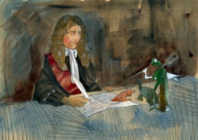 Französischer Schriftsteller Jean de la Fontaine betrachtet die Figuren seiner Fabeln - Illustration von Alessandro Lonati von Alessandro Lonati