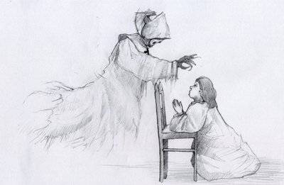 Geist einer älteren Nonne mit krummen Händen erscheint einem betenden kleinen Mädchen. von Alessandro Lonati