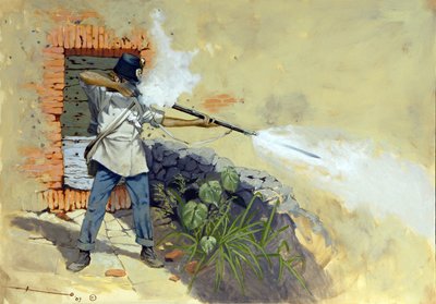 Italienfeldzug: ein österreichischer Infanterist eröffnet das Feuer in der Schlacht von Solferino zwischen dem österreichisch-ungarischen Reich von Franz Joseph I. von Österreich und der französisch-sardischen Koalition von Napoleon III. und Viktor Emanuel von Alessandro Lonati