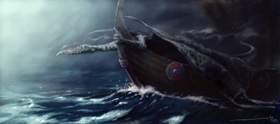 Legendäre Kreatur: Drache greift einen Drakkar (Wikingerschiff) an. Zeichnung von Alessandro Lonati von Alessandro Lonati