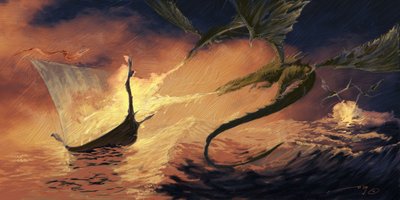 Legendäres Wesen: Drache greift einen Drakkar (Wikingerboot) an. Zeichnung von Alessandro Lonati von Alessandro Lonati