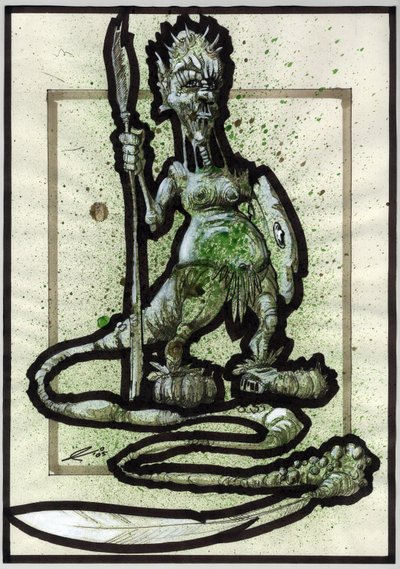 Legendäres Monster für Fantasy-Illustration: Gesicht eines Stammeswesens oder Kriegers mit Speer, Schild und Federschwanz. Zeichnung von Alessandro Lonati von Alessandro Lonati