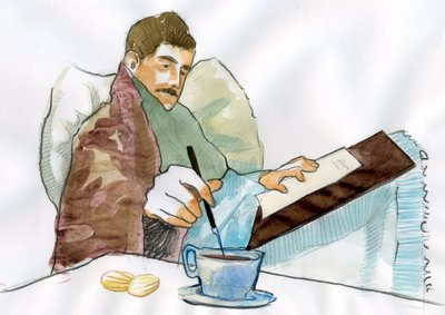 Marcel Proust als kranker Mann, der mit dem Tee seiner Tante Elisabeth schreibt von Alessandro Lonati