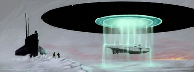Treffen am Nordpol zwischen einem U-Boot und einer fliegenden Untertasse (UFO, UFO oder Alien) zur Rückgabe eines von Aliens während des Krieges genommenen U-Boots. Zeichnung von Alessandro Lonati von Alessandro Lonati
