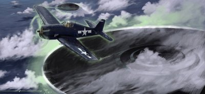 Mysteriöse Phänomene: Darstellung des Verschwindens eines US-Navy-Flugzeugs im Bermuda-Dreieck in den 1940er Jahren. Eine Legende besagt, dass es das Werk von UFOs (Außerirdischen) war. Zeichnung von Alessandro Lonati von Alessandro Lonati