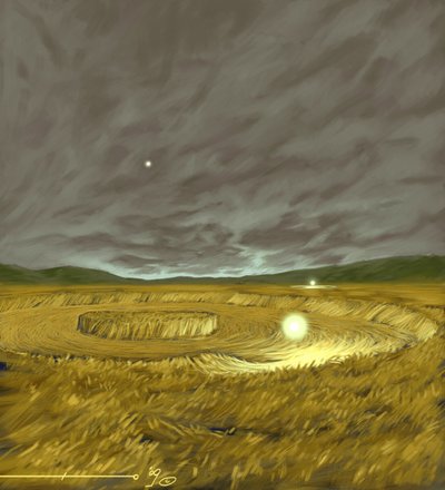 Mysteriöse Phänomene: Darstellung der legendären Entstehung von Kornkreisen (Agroglyphen), geometrische Formen in Weizenfeldern, die laut einigen Theorien das Werk von Außerirdischen (UFOs) sind. Zeichnung von Alessandro Lonati von Alessandro Lonati